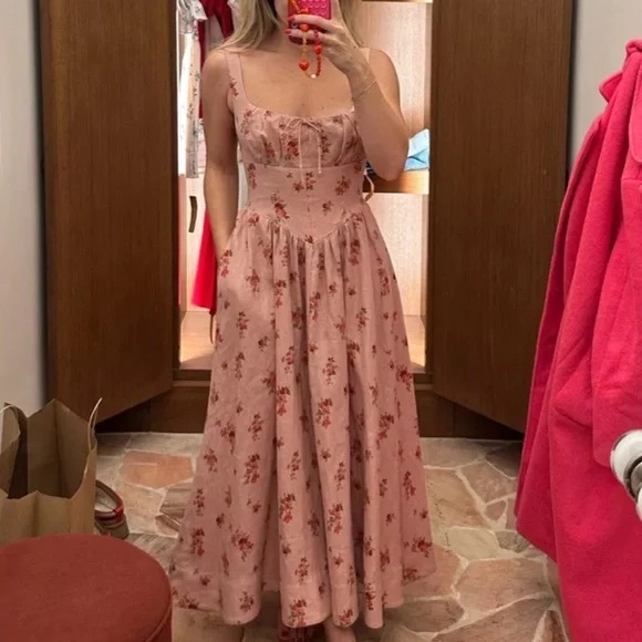 New Reformation Pink Balia Linen Midi Dress in Tea Time Size 8 - Picture 1 of 8